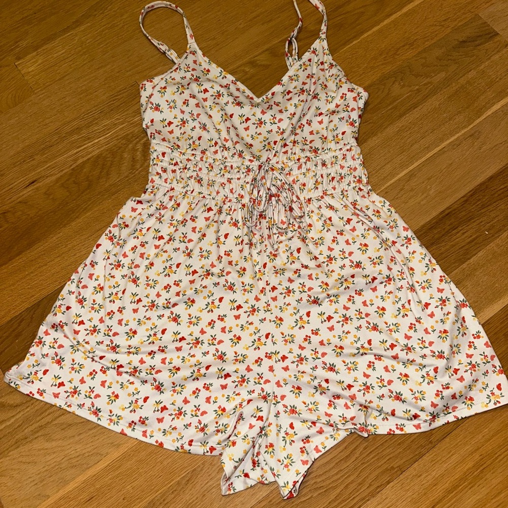Hollister Floral Women's Pajama Romper - Cream and Red
